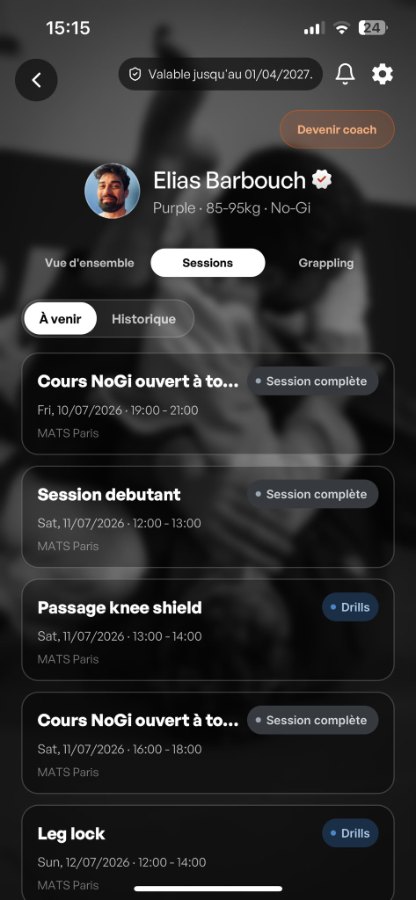 App MATS — profil pratiquant avec ceinture, poids et style